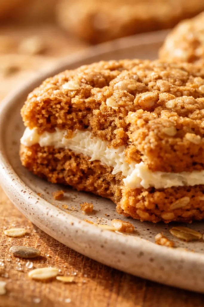 Golden pumpkin oatmeal sandwich cookies with creamy maple buttercream filling stacked on a rustic plate, showing soft crumbly texture and a drizzle of maple glaze