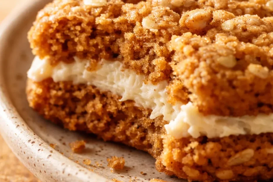 Golden pumpkin oatmeal sandwich cookies with creamy maple buttercream filling stacked on a rustic plate, showing soft crumbly texture and a drizzle of maple glaze