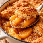 Golden Southern peach cobbler with a buttery, crisp topping and thick jammy peach filling in a white baking dish