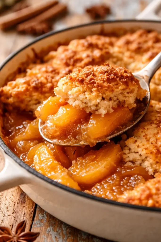Golden Southern peach cobbler with a buttery, crisp topping and thick jammy peach filling in a white baking dish