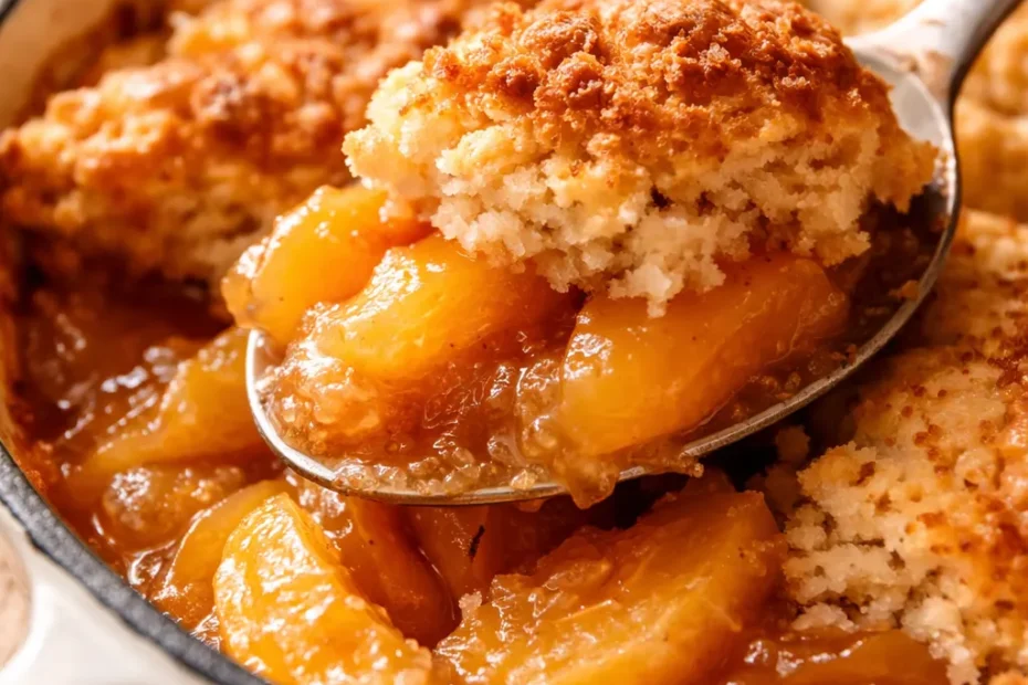 Golden Southern peach cobbler with a buttery, crisp topping and thick jammy peach filling in a white baking dish