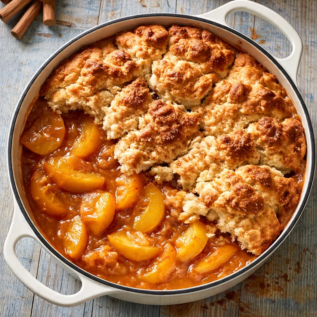 Frozen peach slices in a baking dish with butter and brown sugar for southern peach cobbler