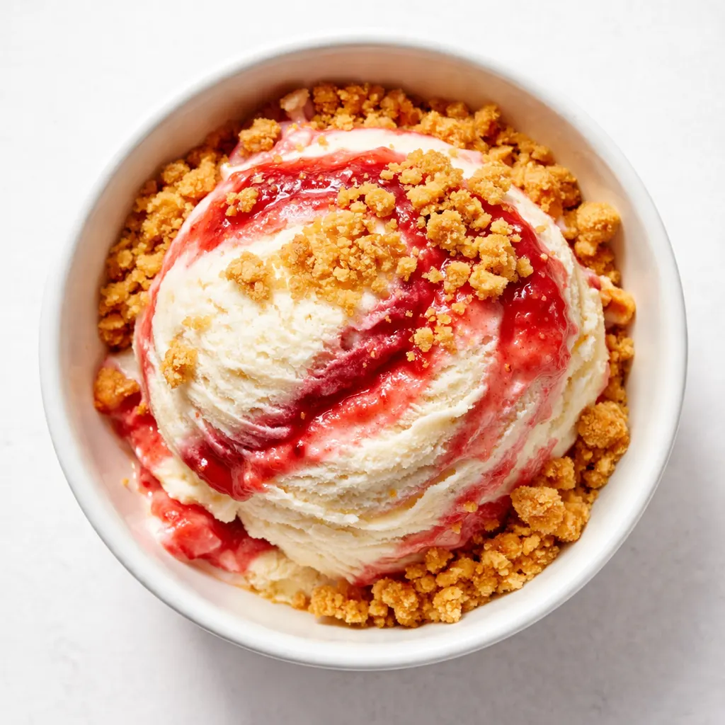 Tangy and creamy pink strawberry cheesecake ice cream with crunchy brown butter graham crumble in a Ninja Creami pint.