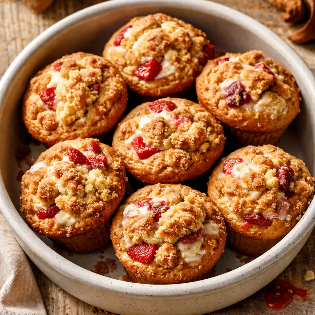 Hands sprinkling buttery cinnamon streusel topping over strawberry cheesecake muffin batter in a lined tin, raw and ready to bake tall