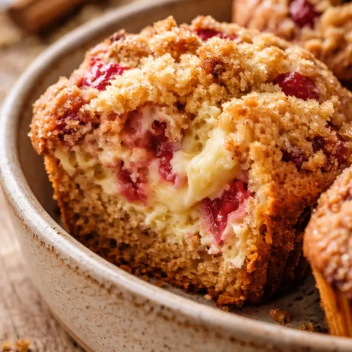 Tall bakery-style strawberry cheesecake muffins with golden tops and strawberry pieces visible