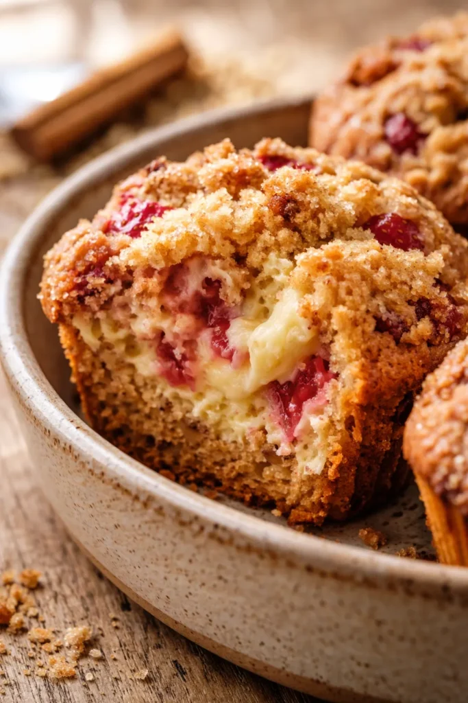 Tall bakery-style strawberry cheesecake muffins with golden tops and strawberry pieces visible