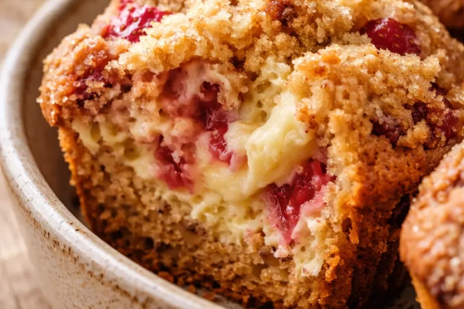 Tall bakery-style strawberry cheesecake muffins with golden tops and strawberry pieces visible