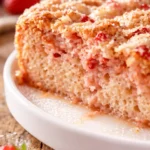 Moist strawberry tres leches cake with creamy milk filling and fresh strawberries on top, pink and white layers visible in slice