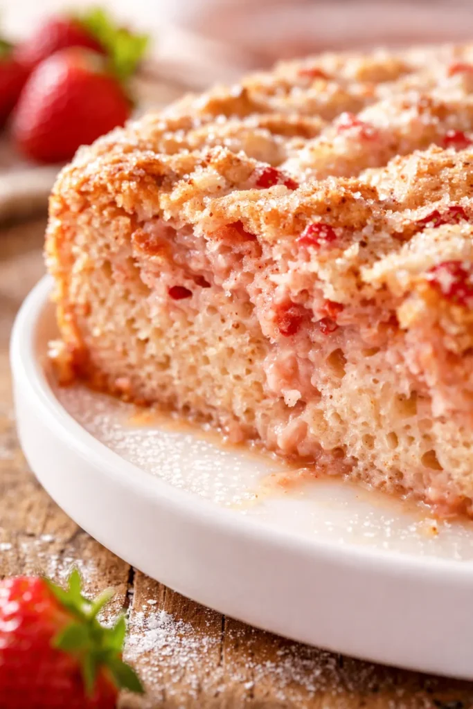 Moist strawberry tres leches cake with creamy milk filling and fresh strawberries on top, pink and white layers visible in slice