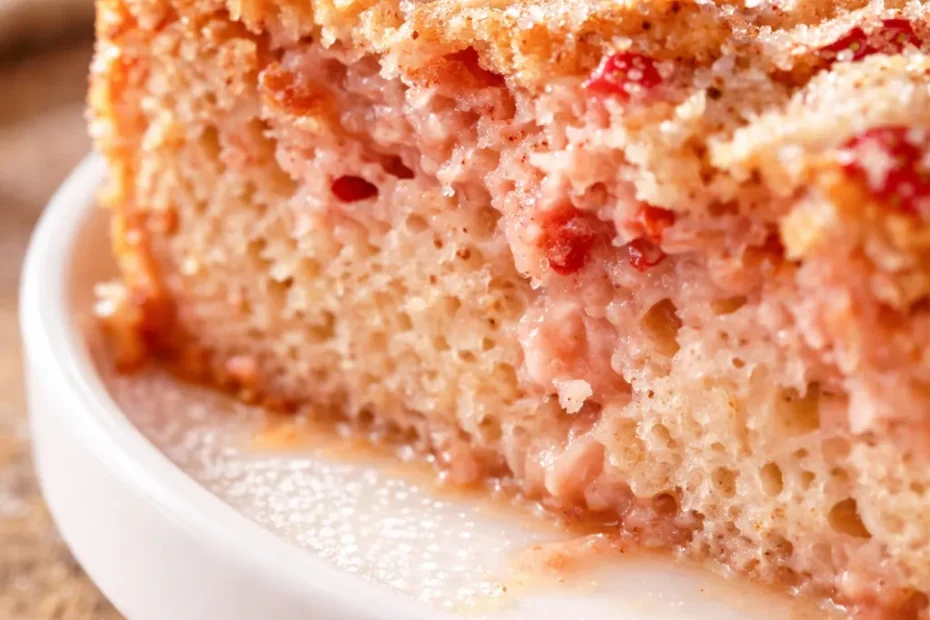 Moist strawberry tres leches cake with creamy milk filling and fresh strawberries on top, pink and white layers visible in slice