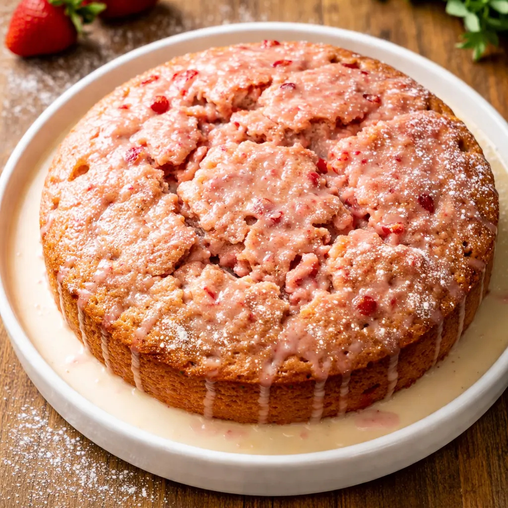 Pouring creamy condensed milk mixture over a baked strawberry cake, creating a moist tres leches texture