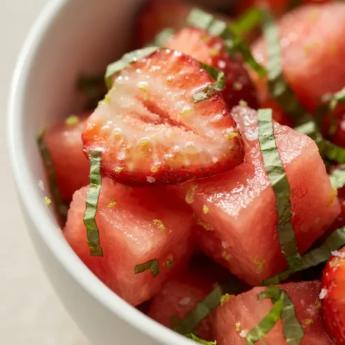 Fresh strawberry watermelon salad drizzled with honey lime vinaigrette, vibrant red and green colors, garnished with mint and basil
