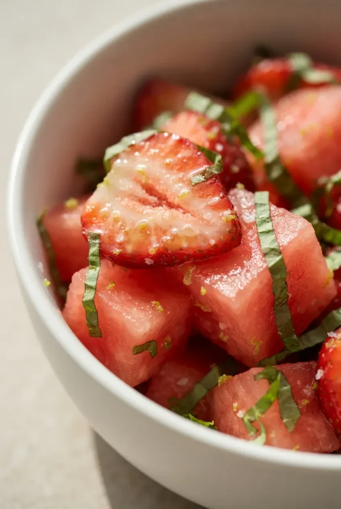 Fresh strawberry watermelon salad drizzled with honey lime vinaigrette, vibrant red and green colors, garnished with mint and basil