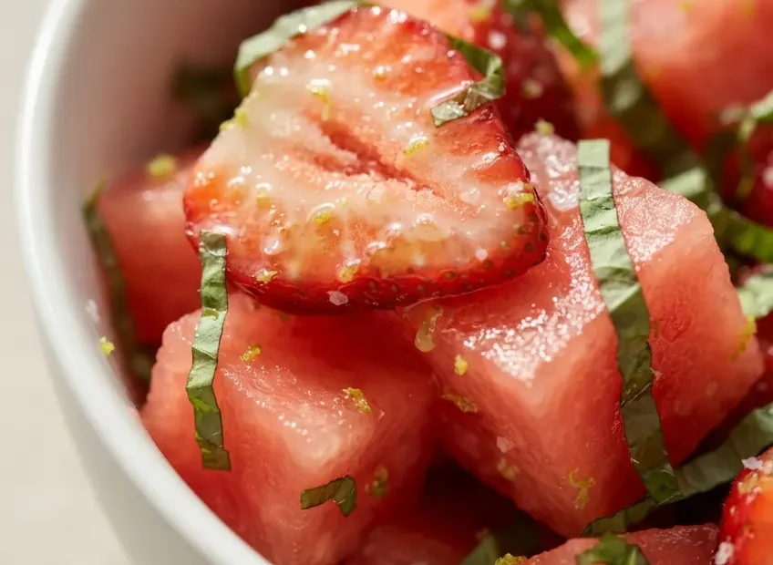 Fresh strawberry watermelon salad drizzled with honey lime vinaigrette, vibrant red and green colors, garnished with mint and basil