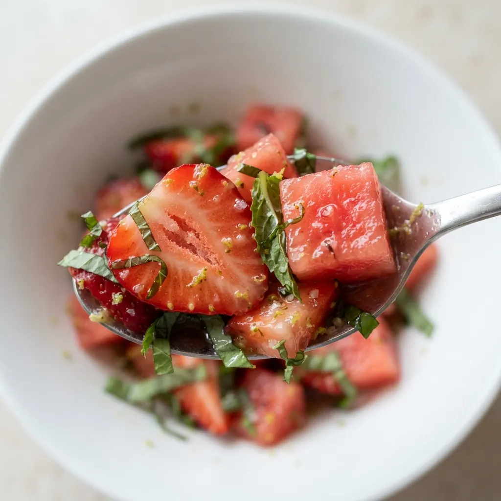 Drizzling honey lime vinaigrette over a bowl of fresh strawberry and watermelon salad with mint and basil