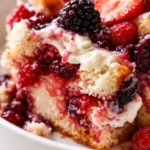 Layered summer berry trifle in a glass bowl with fresh strawberries, blueberries, and creamy filling between angel food cake cubes