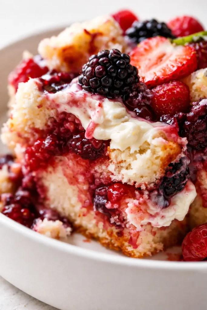 Layered summer berry trifle in a glass bowl with fresh strawberries, blueberries, and creamy filling between angel food cake cubes