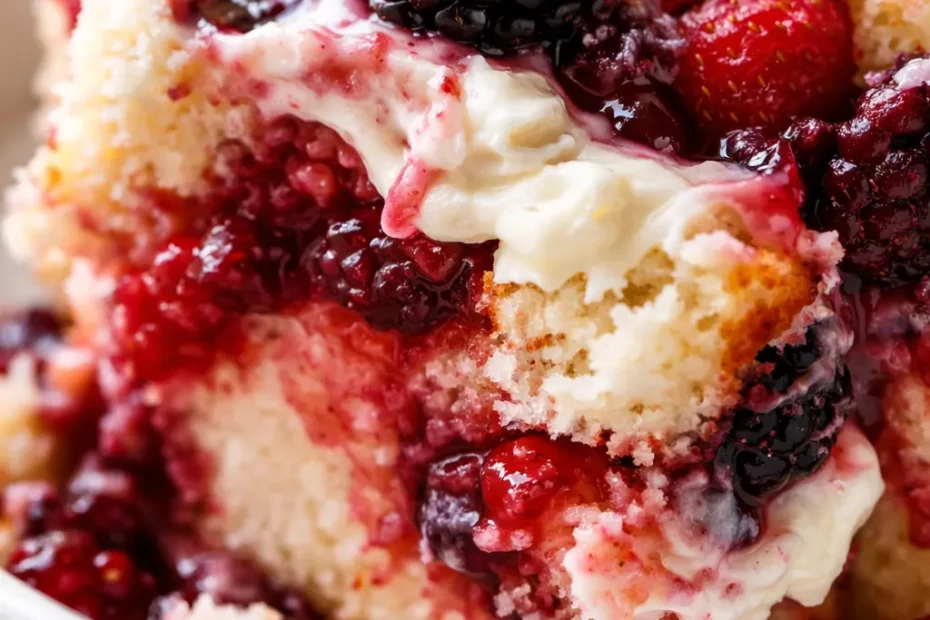 Layered summer berry trifle in a glass bowl with fresh strawberries, blueberries, and creamy filling between angel food cake cubes