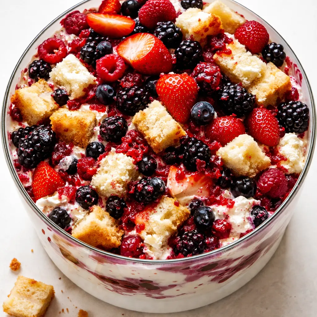Layering creamy cheesecake mixture over angel food cake cubes in a clear glass trifle bowl, topped with fresh mixed berries