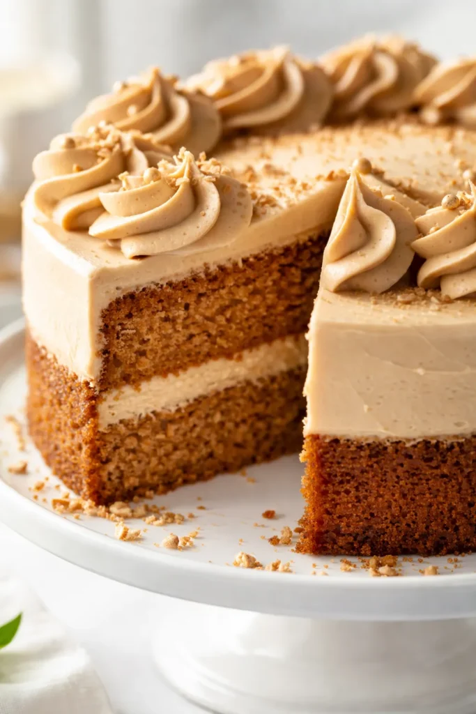 A slice of tender brown sugar cake with silky coffee buttercream and a glossy salted caramel drizzle on a white plate
