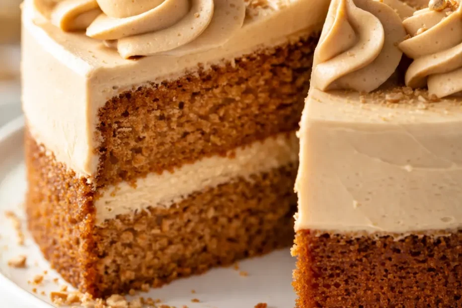 A slice of tender brown sugar cake with silky coffee buttercream and a glossy salted caramel drizzle on a white plate