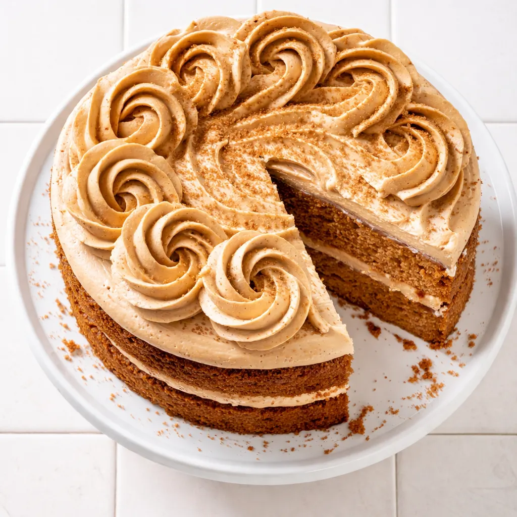 A slice of tender brown sugar cake topped with silky coffee buttercream and salted caramel drizzle, showing moist crumb texture.