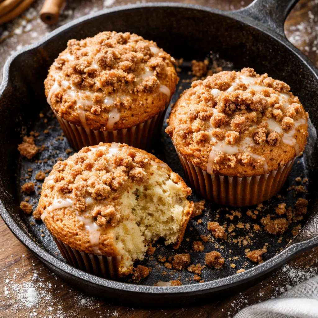 Sprinkling cinnamon streusel topping over tender coffee cake muffin batter in a lined muffin tin, showing golden crumbs and creamy batter texture