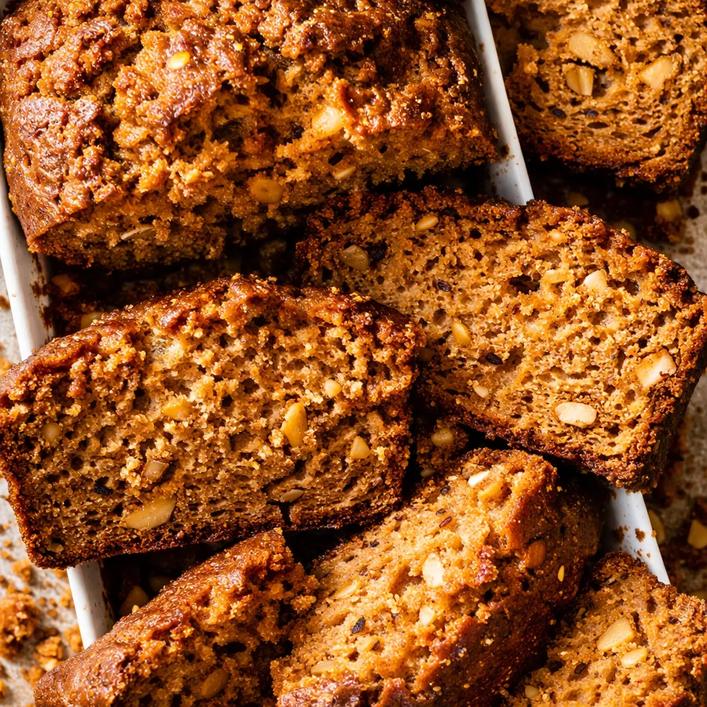 Pouring thick spiced pumpkin bread batter into a greased loaf pan, showing smooth texture with flecks of cinnamon and nutmeg