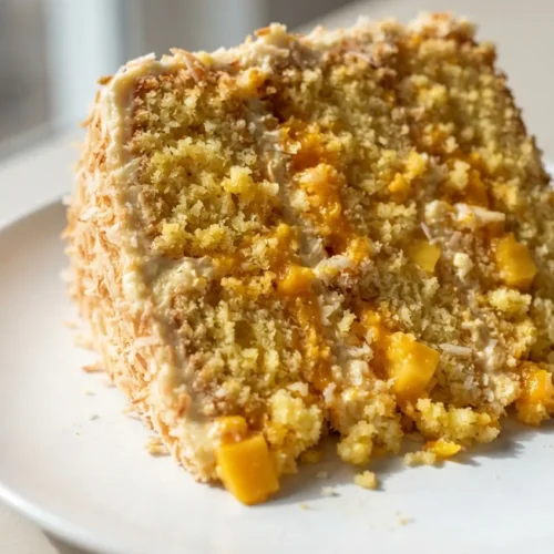 Golden crusted vegan mango coconut cake topped with silky mango buttercream and fresh mango slices, showing moist tender crumb