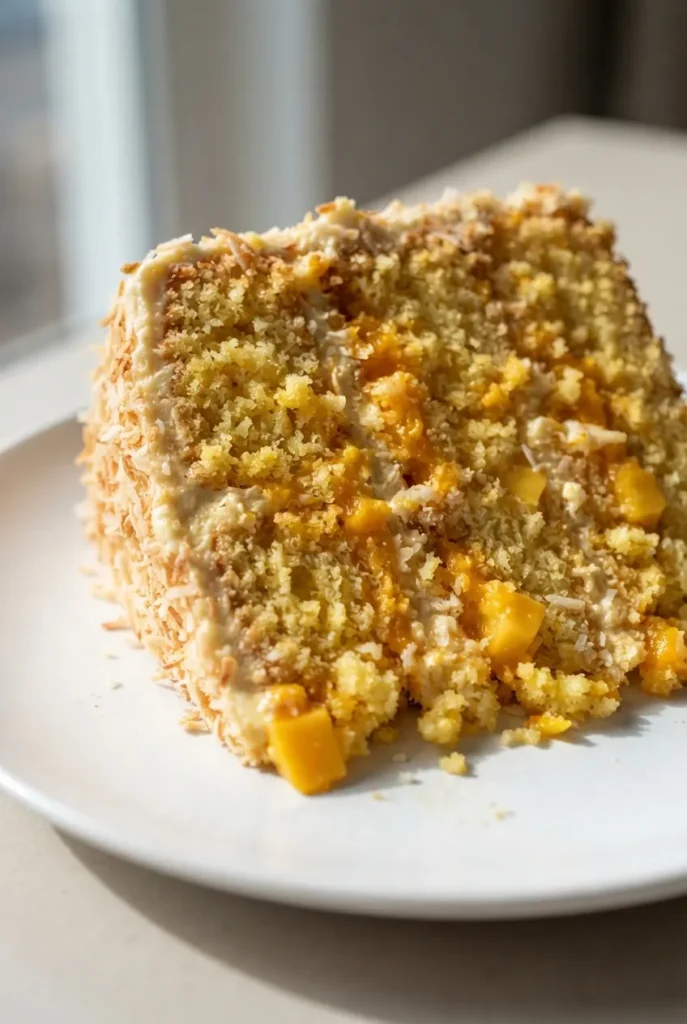 Golden crusted vegan mango coconut cake topped with silky mango buttercream and fresh mango slices, showing moist tender crumb