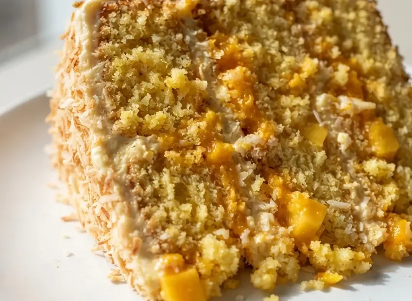 Golden crusted vegan mango coconut cake topped with silky mango buttercream and fresh mango slices, showing moist tender crumb