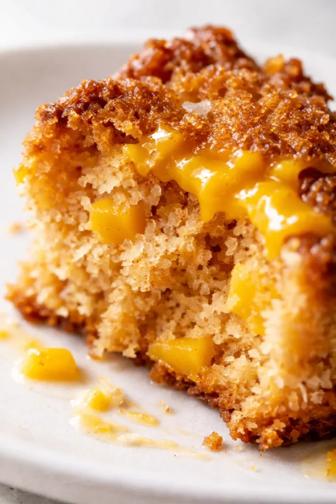 Moist vegan mango coconut cake slice on white plate, topped with fresh mango slices and shredded coconut, tropical and dairy-free