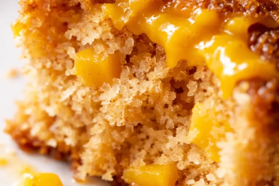 Moist vegan mango coconut cake slice on white plate, topped with fresh mango slices and shredded coconut, tropical and dairy-free