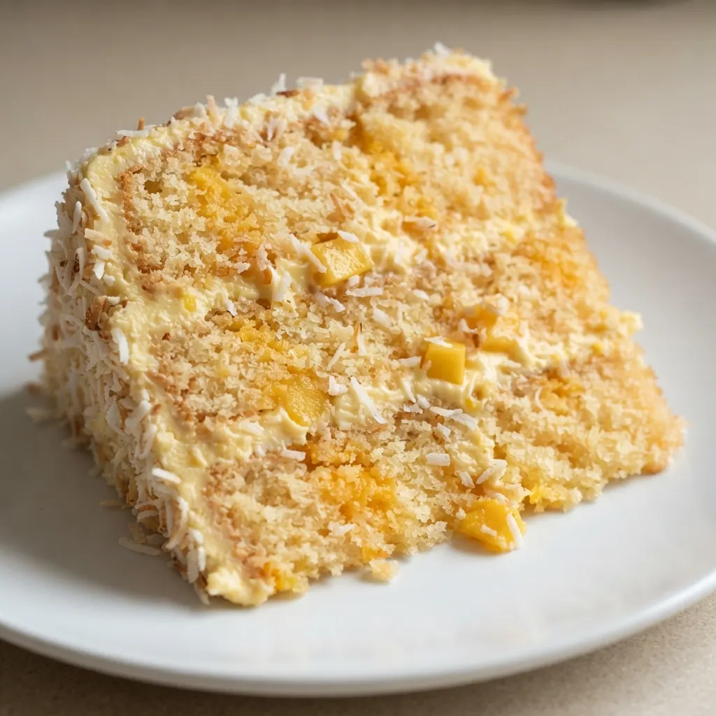 Pouring smooth mango cake batter into a springform pan lined with shredded coconut crust, batter is thick and pale yellow