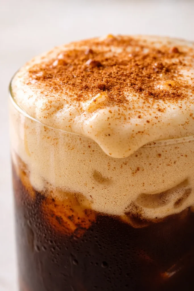 Tall glass of iced espresso topped with thick orange vegan pumpkin cream cold foam, creamy texture