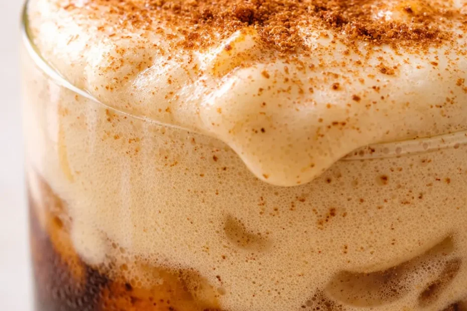 Tall glass of iced espresso topped with thick orange vegan pumpkin cream cold foam, creamy texture