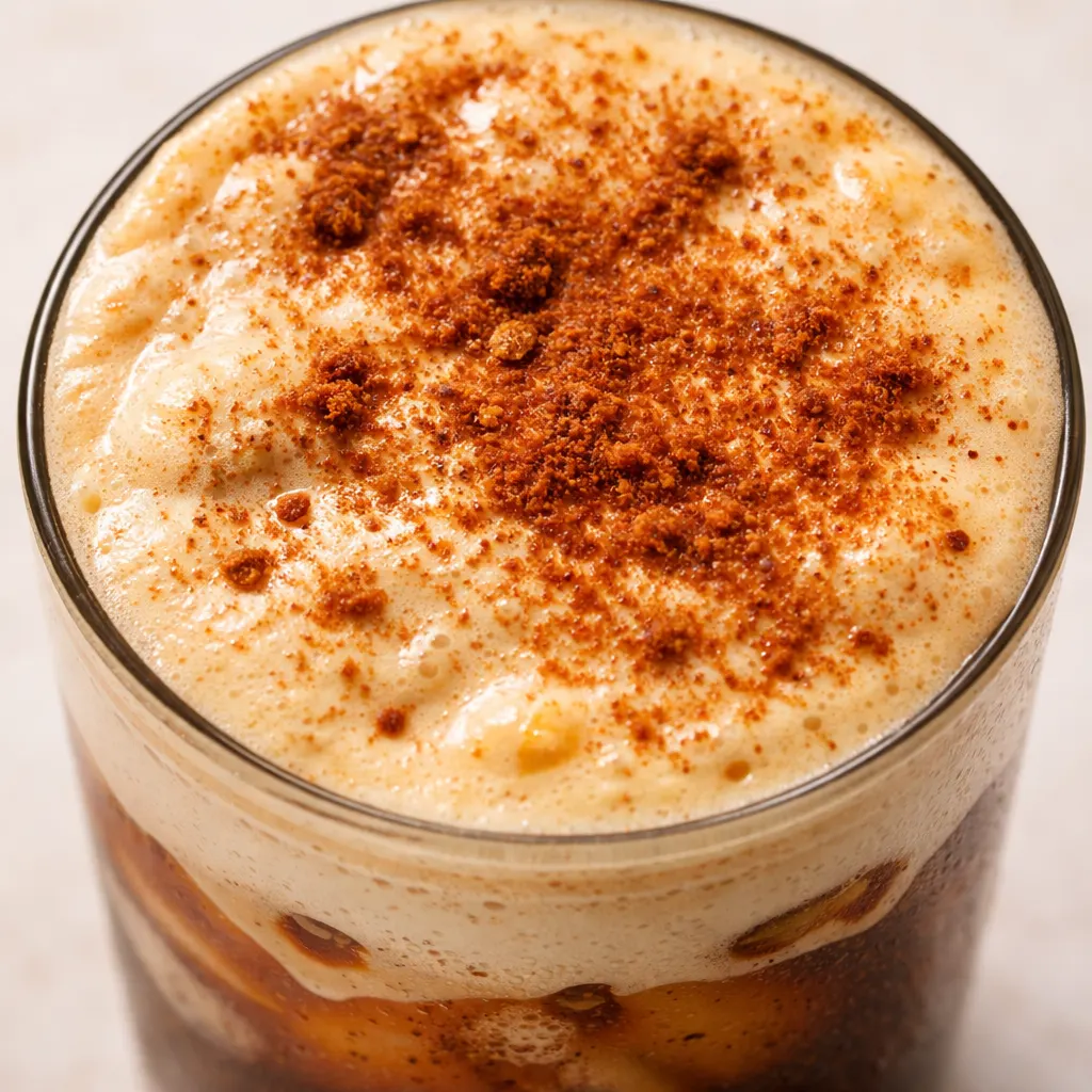 Hand pouring thick golden velvety vegan pumpkin cream cold foam over iced espresso in a clear glass