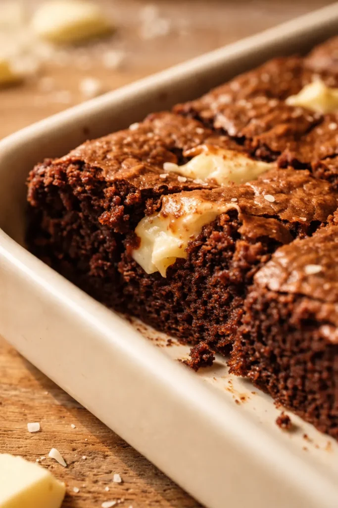 Golden white chocolate brownies cut into squares, showing a creamy crackly top and gooey texture
