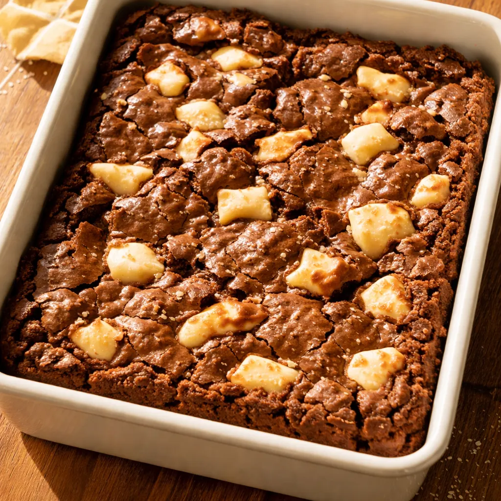 Smooth melted white chocolate and butter mixture in a glass bowl, glossy and creamy for white chocolate brownies batter