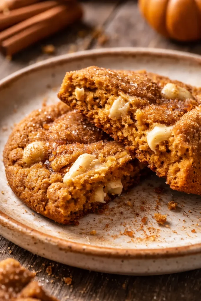 Soft pumpkin snickerdoodles with white chocolate chunks and a cinnamon-sugar coating, golden orange and bakery-style