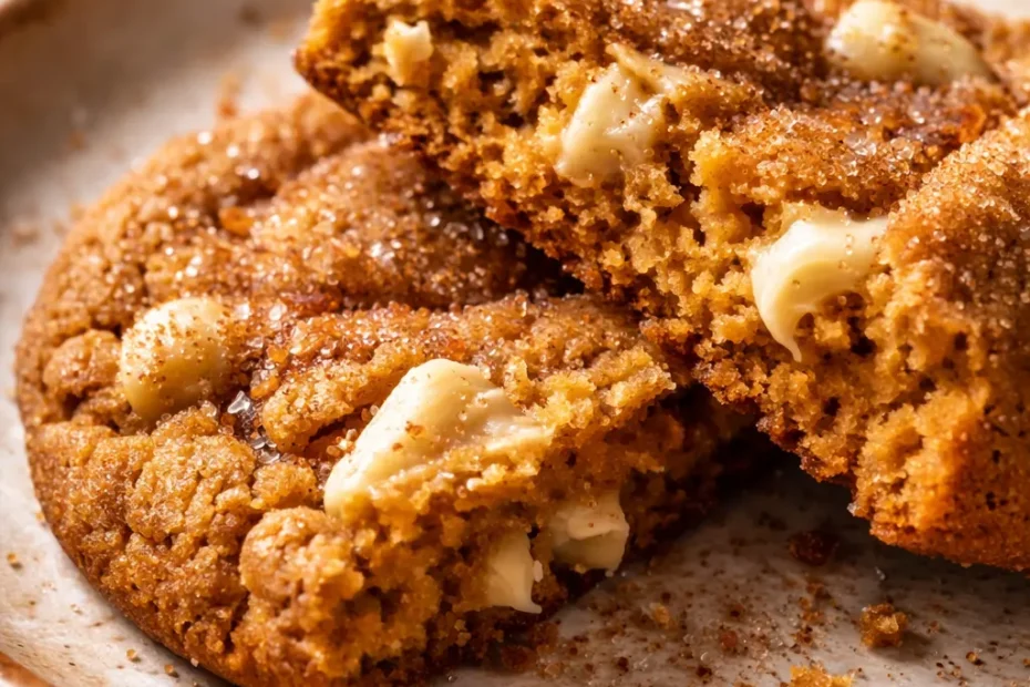 Soft pumpkin snickerdoodles with white chocolate chunks and a cinnamon-sugar coating, golden orange and bakery-style