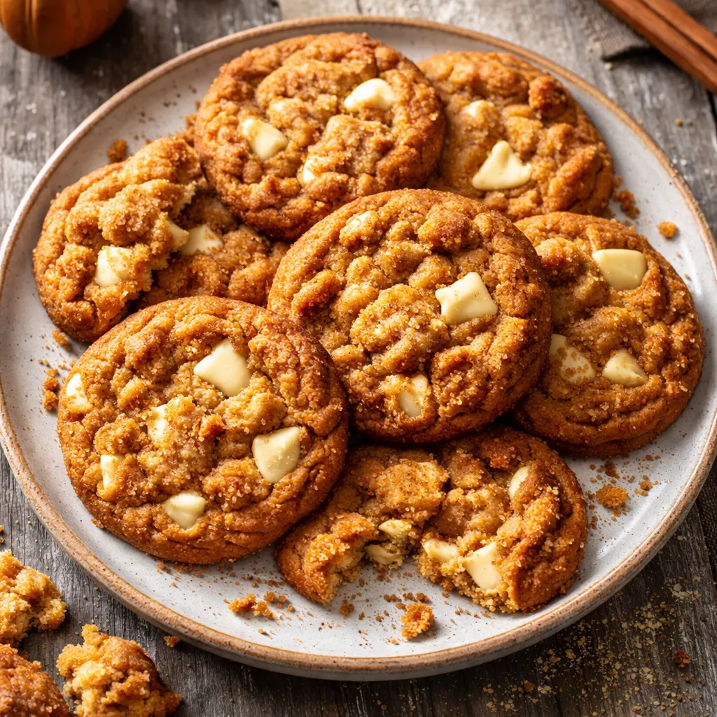 Soft orange pumpkin cookie dough with white chocolate chips being scooped onto a parchment-lined baking sheet