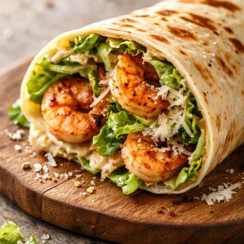 Zesty grilled shrimp caesar wrap cut in half, showing juicy grilled shrimp, crisp romaine, and shredded parmesan inside a golden tortilla