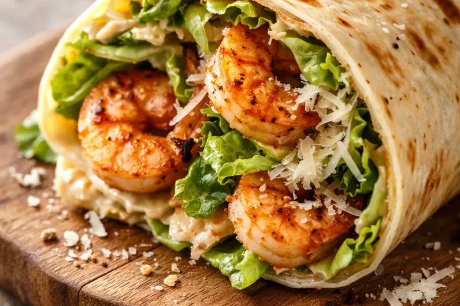 Zesty grilled shrimp caesar wrap cut in half, showing juicy grilled shrimp, crisp romaine, and shredded parmesan inside a golden tortilla