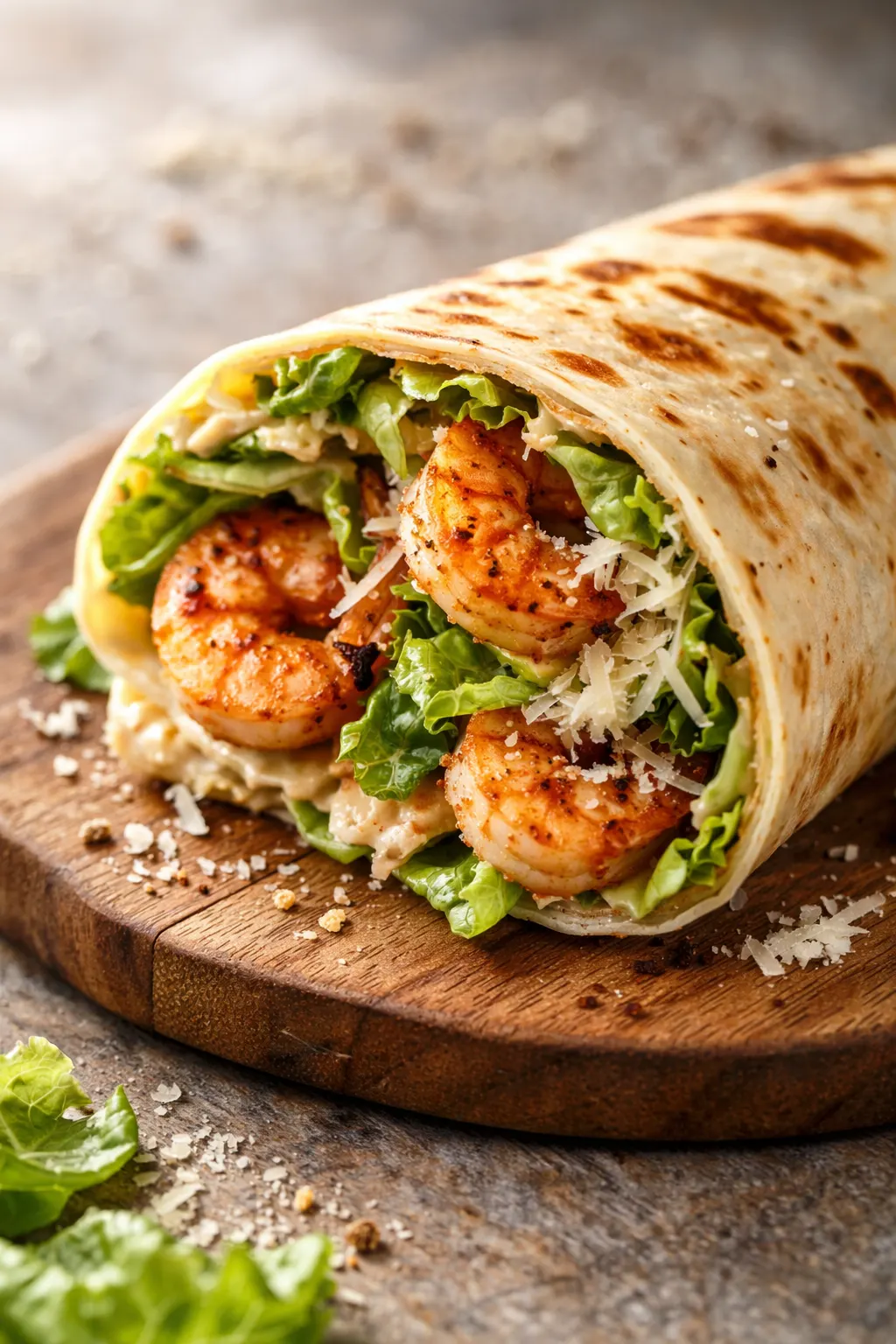 Zesty grilled shrimp caesar wrap cut in half, showing juicy grilled shrimp, crisp romaine, and shredded parmesan inside a golden tortilla