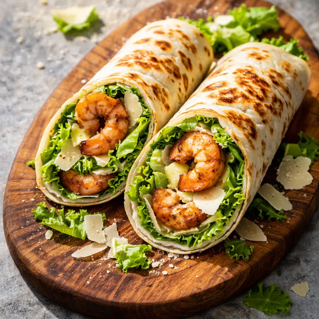 Juicy grilled shrimp on a cutting board with charred edges, next to a flour tortilla and chopped romaine lettuce