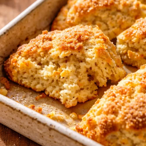 Golden brown orange cream drop scones with visible zest specks and a light glaze, piled on a rustic plate