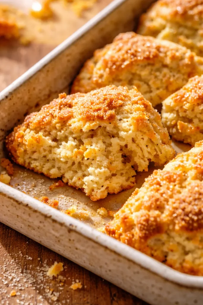 Golden brown orange cream drop scones with visible zest specks and a light glaze, piled on a rustic plate