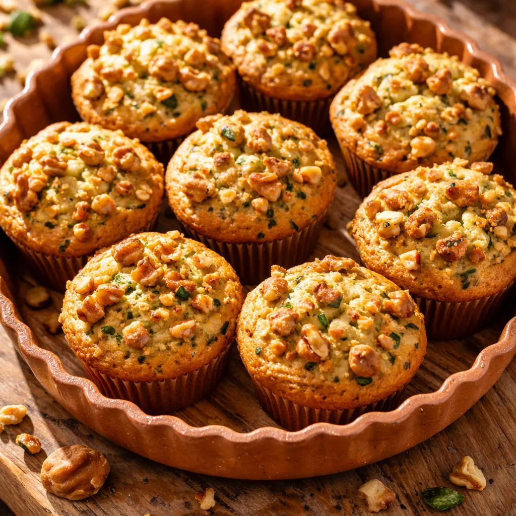 Fluffy green-speckled zucchini muffins with crunchy walnut topping, golden brown and slightly domed on top