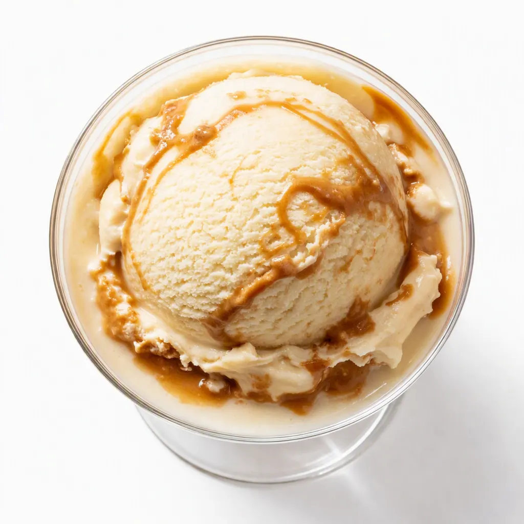 Creamy Bailey's Irish cream ice cream in a mixing bowl, smooth pale beige texture with a glossy swirl.